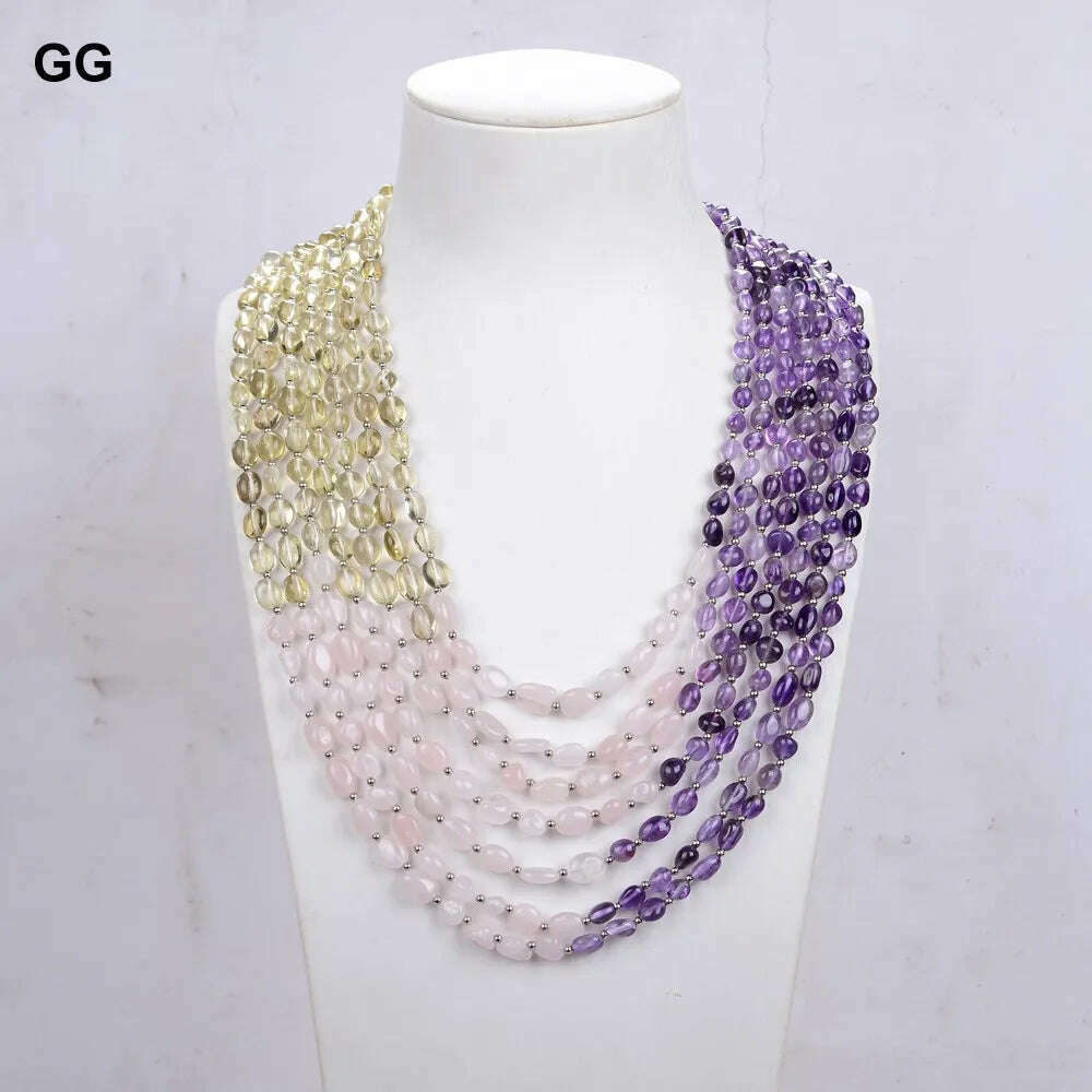 KIMLUD, GuaiGuai Jewelry Unique Real Natural 7 Strands Amethyst Rose Quartz Lemon Quartz Freeform Necklace 18", KIMLUD Womens Clothes