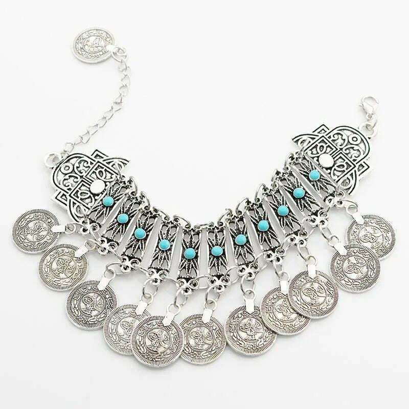 Gypsy Bohemian Coin Bracelets for Women Metal Vintage Flower Statement Bracelets Festival Turkish Beach Jewelry Tribal Ethnic - KIMLUD