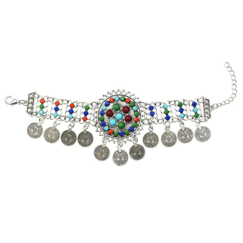 Gypsy Bohemian Coin Bracelets for Women Metal Vintage Flower Statement Bracelets Festival Turkish Beach Jewelry Tribal Ethnic - KIMLUD