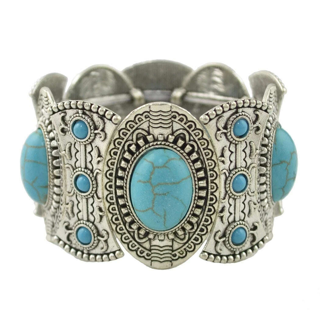KIMLUD, Gypsy Tribal Tibetan Bracelet for Women Boho Vintage Silvery Men's Turquoise Elastic Bangle Afghan Turkish Ethnic Indian Jewelry, KIMLUD Womens Clothes