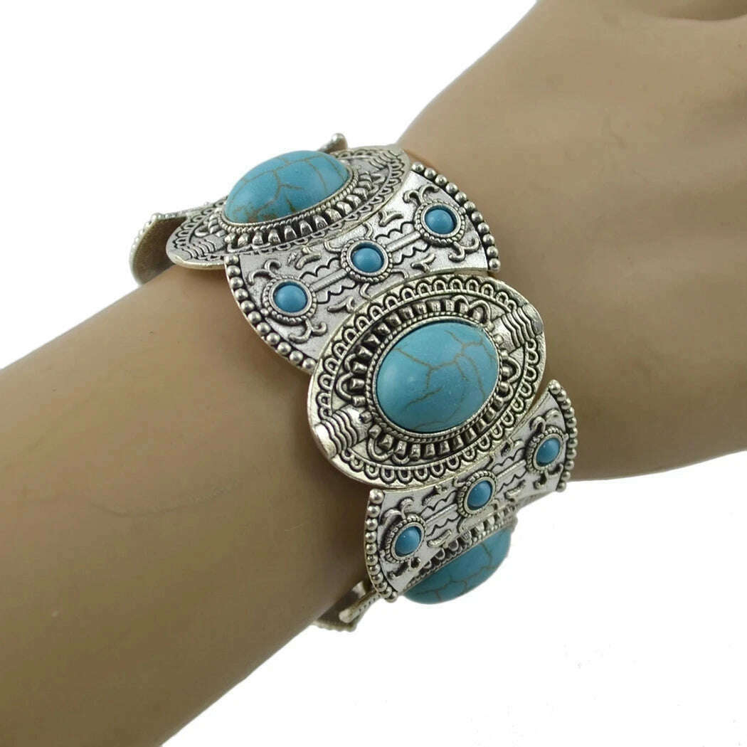 KIMLUD, Gypsy Tribal Tibetan Bracelet for Women Boho Vintage Silvery Men's Turquoise Elastic Bangle Afghan Turkish Ethnic Indian Jewelry, KIMLUD Womens Clothes