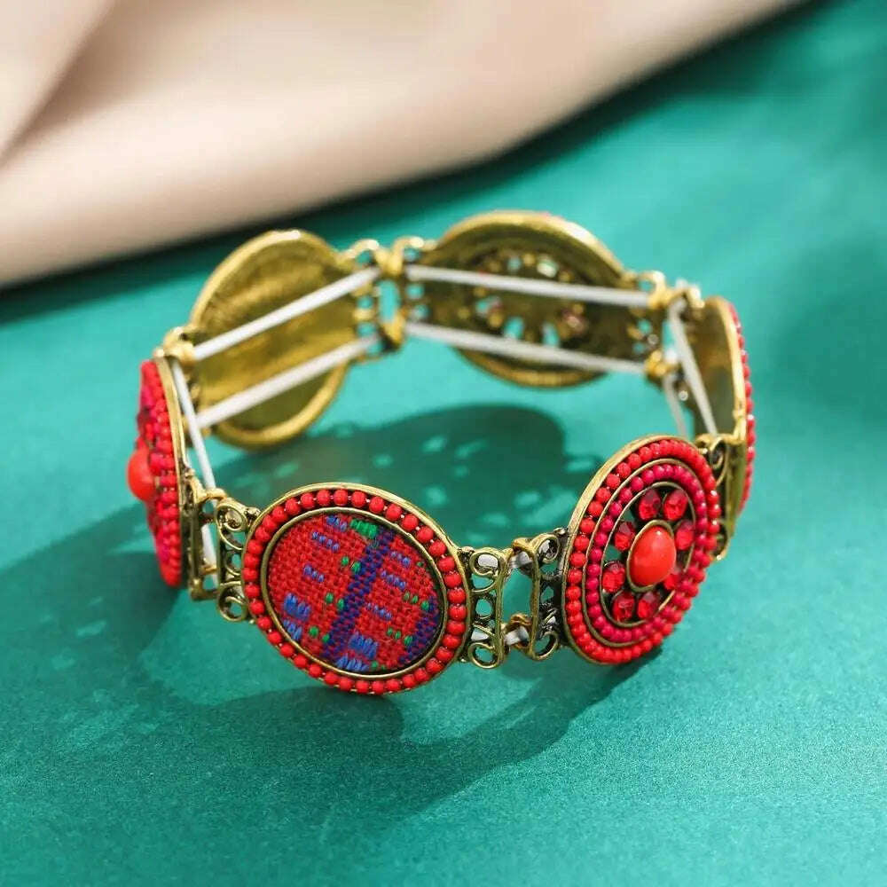 KIMLUD, Gypsy Tribal Tibetan Bracelet for Women Boho Vintage Silvery Men's Turquoise Elastic Bangle Afghan Turkish Ethnic Indian Jewelry, 1036red, KIMLUD APPAREL - Womens Clothes