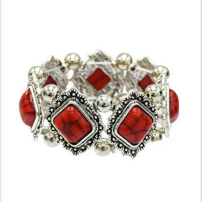 KIMLUD, Gypsy Tribal Tibetan Bracelet for Women Boho Vintage Silvery Men's Turquoise Elastic Bangle Afghan Turkish Ethnic Indian Jewelry, Red, KIMLUD APPAREL - Womens Clothes