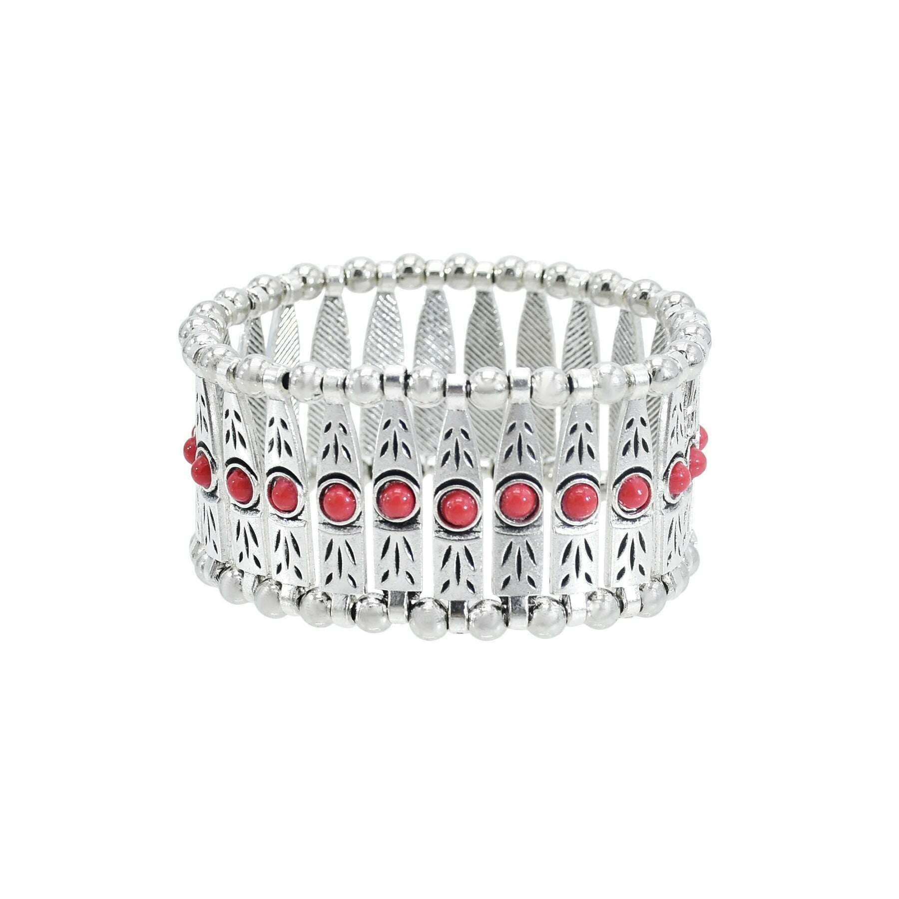 KIMLUD, Gypsy Tribal Tibetan Bracelet for Women Boho Vintage Silvery Men's Turquoise Elastic Bangle Afghan Turkish Ethnic Indian Jewelry, 1102red, KIMLUD APPAREL - Womens Clothes