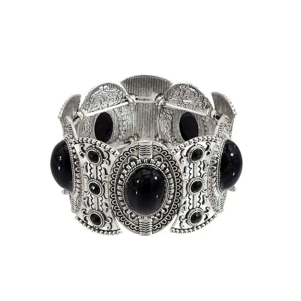KIMLUD, Gypsy Tribal Tibetan Bracelet for Women Boho Vintage Silvery Men's Turquoise Elastic Bangle Afghan Turkish Ethnic Indian Jewelry, 0497black, KIMLUD APPAREL - Womens Clothes