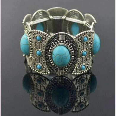 KIMLUD, Gypsy Tribal Tibetan Bracelet for Women Boho Vintage Silvery Men's Turquoise Elastic Bangle Afghan Turkish Ethnic Indian Jewelry, 0497green, KIMLUD APPAREL - Womens Clothes