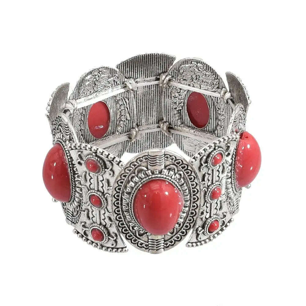 KIMLUD, Gypsy Tribal Tibetan Bracelet for Women Boho Vintage Silvery Men's Turquoise Elastic Bangle Afghan Turkish Ethnic Indian Jewelry, 0497red, KIMLUD APPAREL - Womens Clothes
