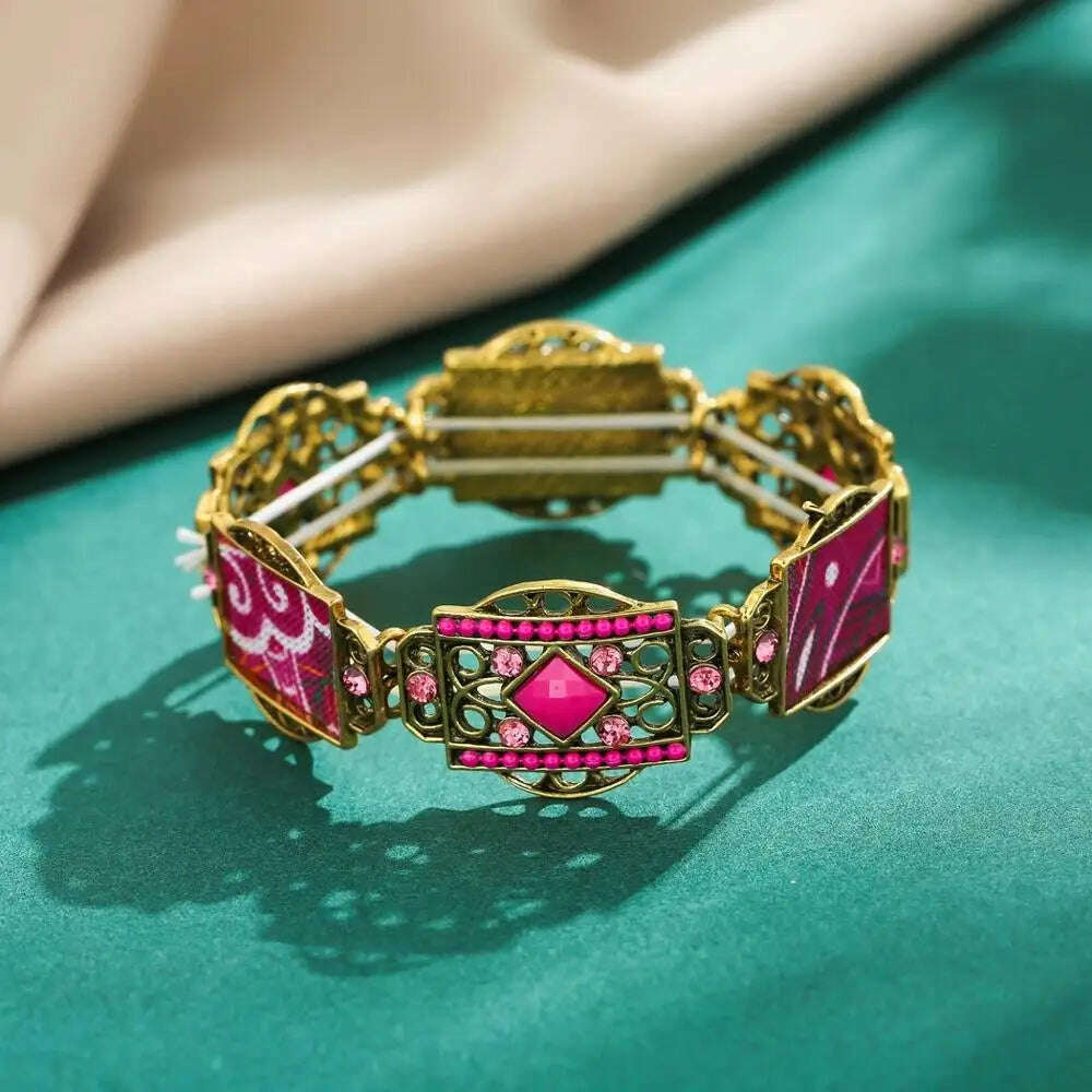 KIMLUD, Gypsy Tribal Tibetan Bracelet for Women Boho Vintage Silvery Men's Turquoise Elastic Bangle Afghan Turkish Ethnic Indian Jewelry, 1033Rose red, KIMLUD APPAREL - Womens Clothes