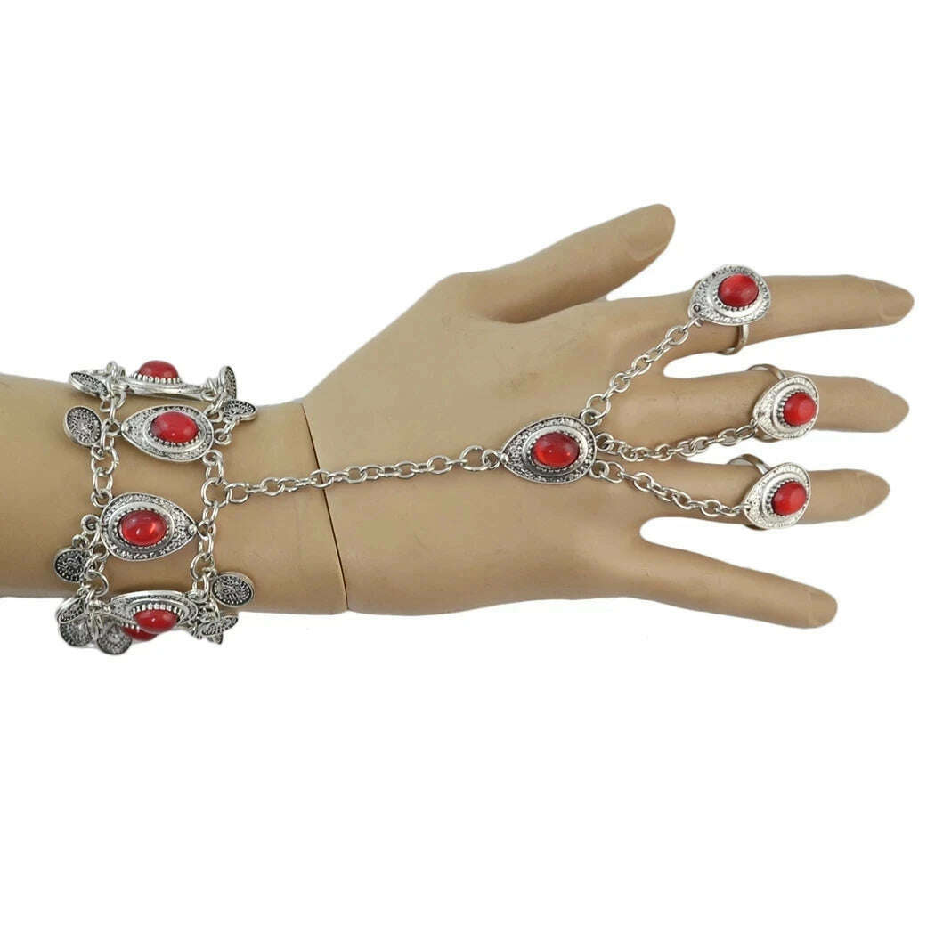 KIMLUD, Gypsy Tribal Tibetan Bracelet for Women Boho Vintage Silvery Men's Turquoise Elastic Bangle Afghan Turkish Ethnic Indian Jewelry, 0879red, KIMLUD APPAREL - Womens Clothes