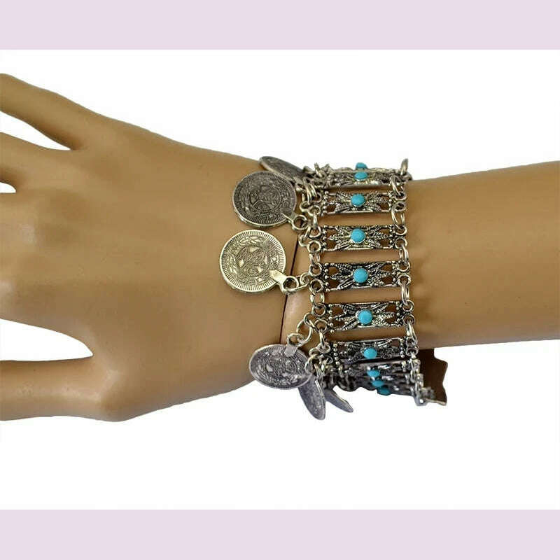 KIMLUD, Gypsy Tribal Tibetan Bracelet for Women Boho Vintage Silvery Men's Turquoise Elastic Bangle Afghan Turkish Ethnic Indian Jewelry, 0514S, KIMLUD APPAREL - Womens Clothes