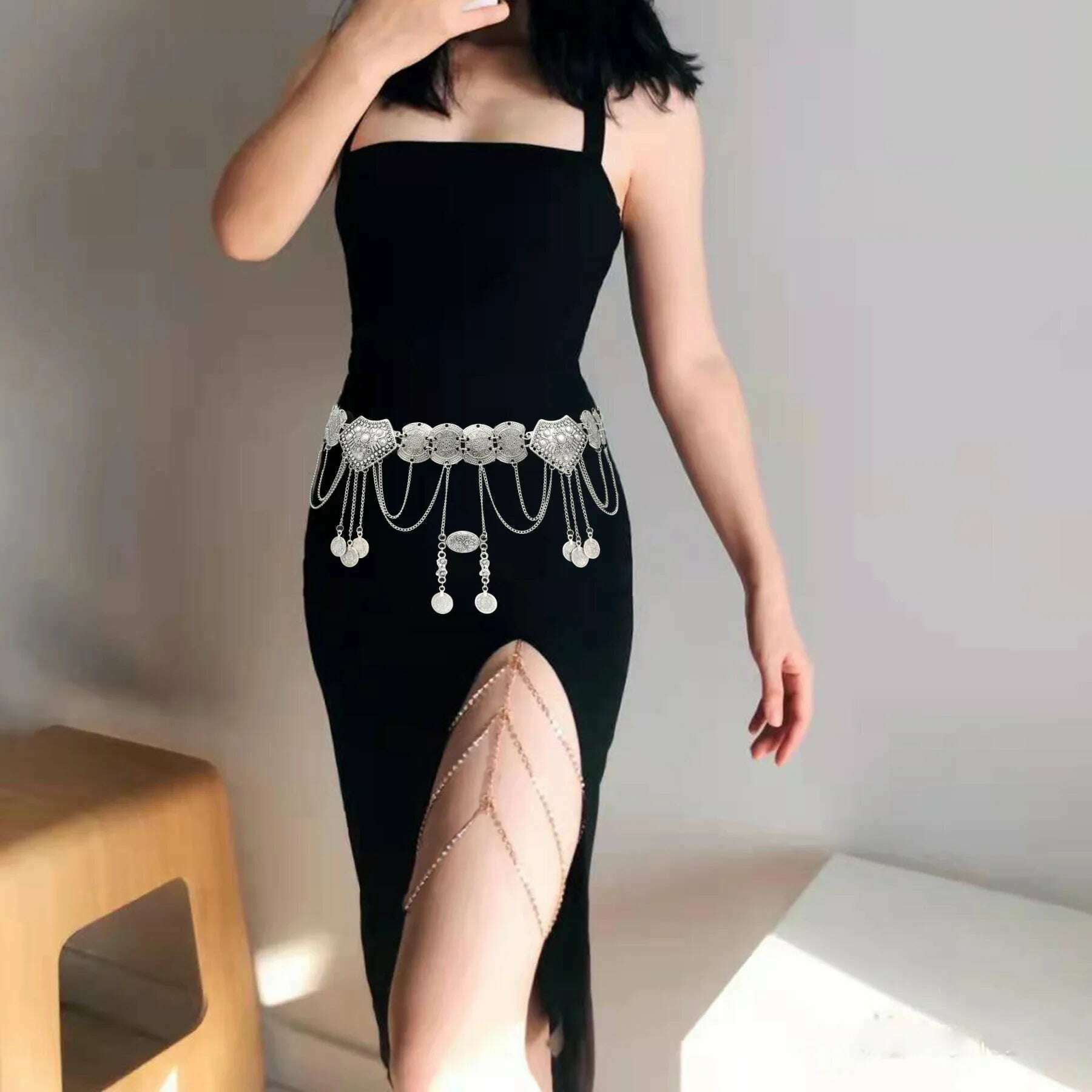 Gypsy Vintage Metal Coin Tassel Belly Waist Dance Body Chains for Women Boho Hippie Coin Tassel Dress Belt Afghan Party Jewelry - KIMLUD