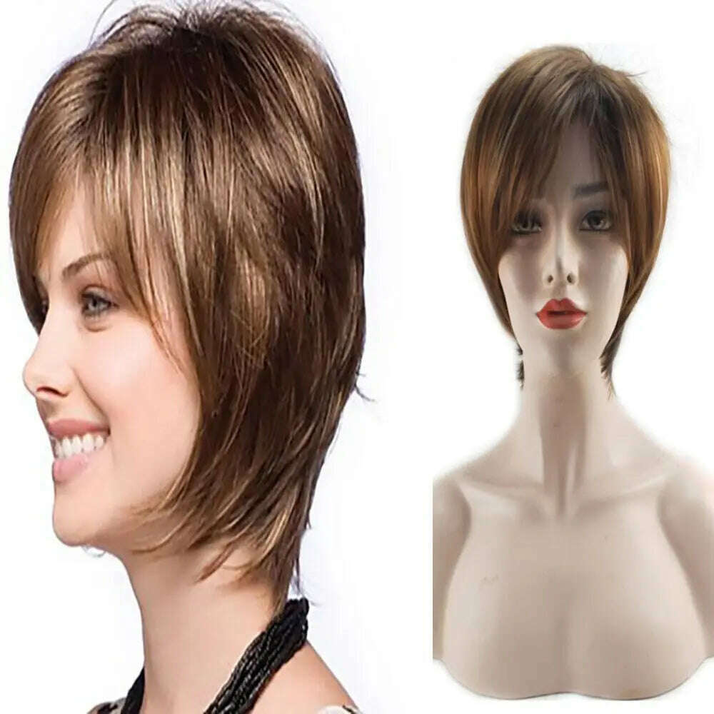 KIMLUD, HAIRJOY Women Straight Bangs Style Pixie Cut Synthetic Hair Wig Brown Mixed Short Wigs Machine Made, KIMLUD Womens Clothes