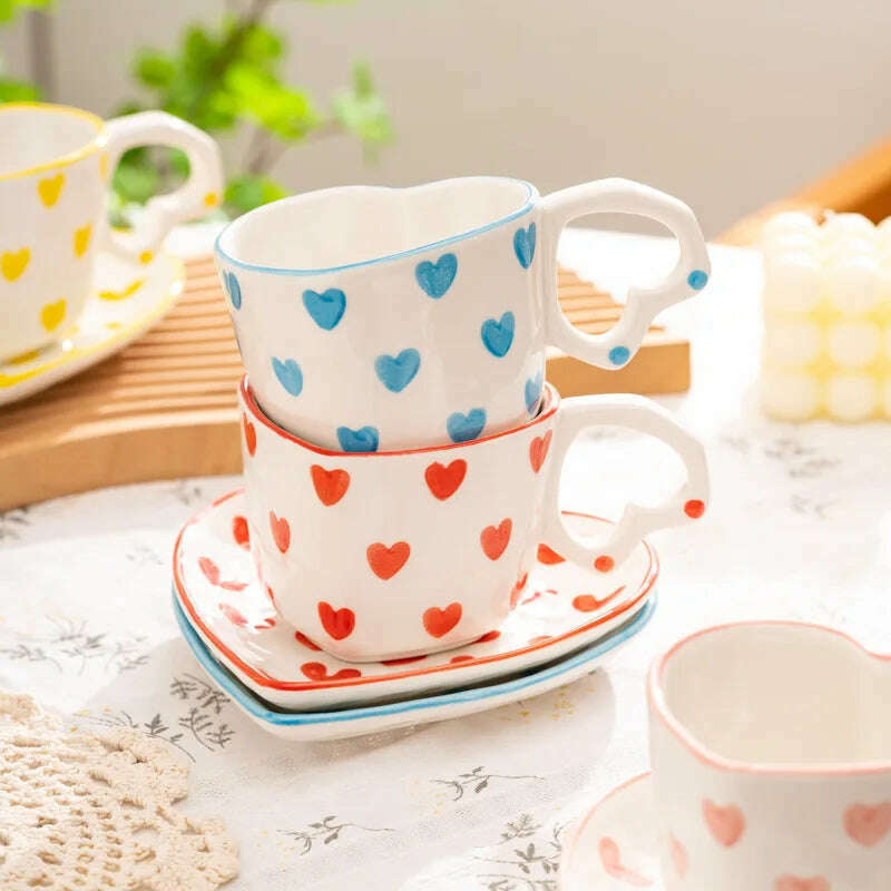 Hand Painted Love Mug Creative Heart Handle Water Cup Ceramic Milk Cup Lovely Handmade Coffee Cup Breakfast Cup Gift - KIMLUD