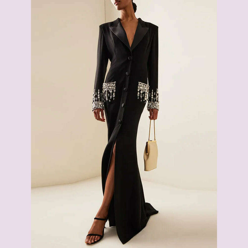 Handmade Studded Diamond Crystal Suit Collar Dress Fish Tail Black Floor Length Suit Collar Maxi Dresses for Women Wedding 2024 - KIMLUD