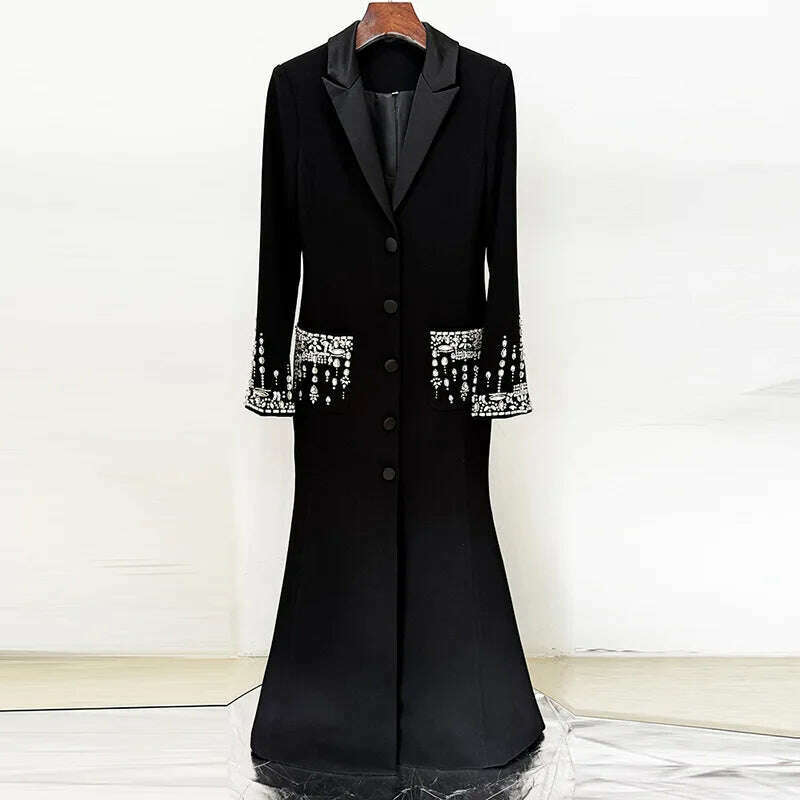 Handmade Studded Diamond Crystal Suit Collar Dress Fish Tail Black Floor Length Suit Collar Maxi Dresses for Women Wedding 2024 - KIMLUD
