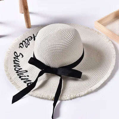 Handmade Weave letter Sun Hats For Women Black Ribbon Lace Up Large Brim Straw Hat Outdoor Beach hat Summer Caps Chapeu Feminino - KIMLUD