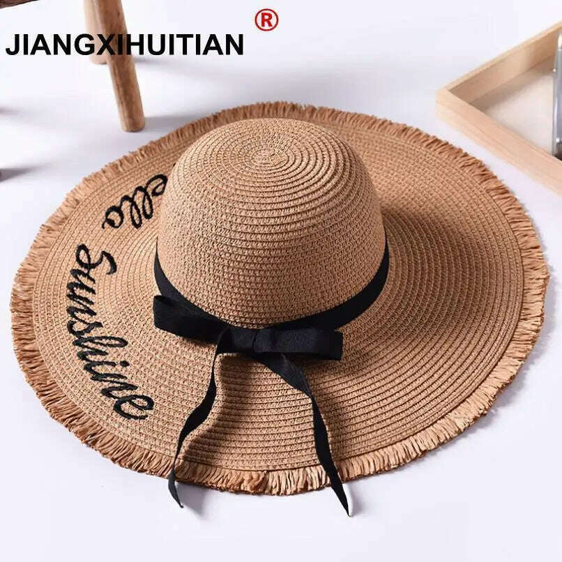 Handmade Weave letter Sun Hats For Women Black Ribbon Lace Up Large Brim Straw Hat Outdoor Beach hat Summer Caps Chapeu Feminino - KIMLUD