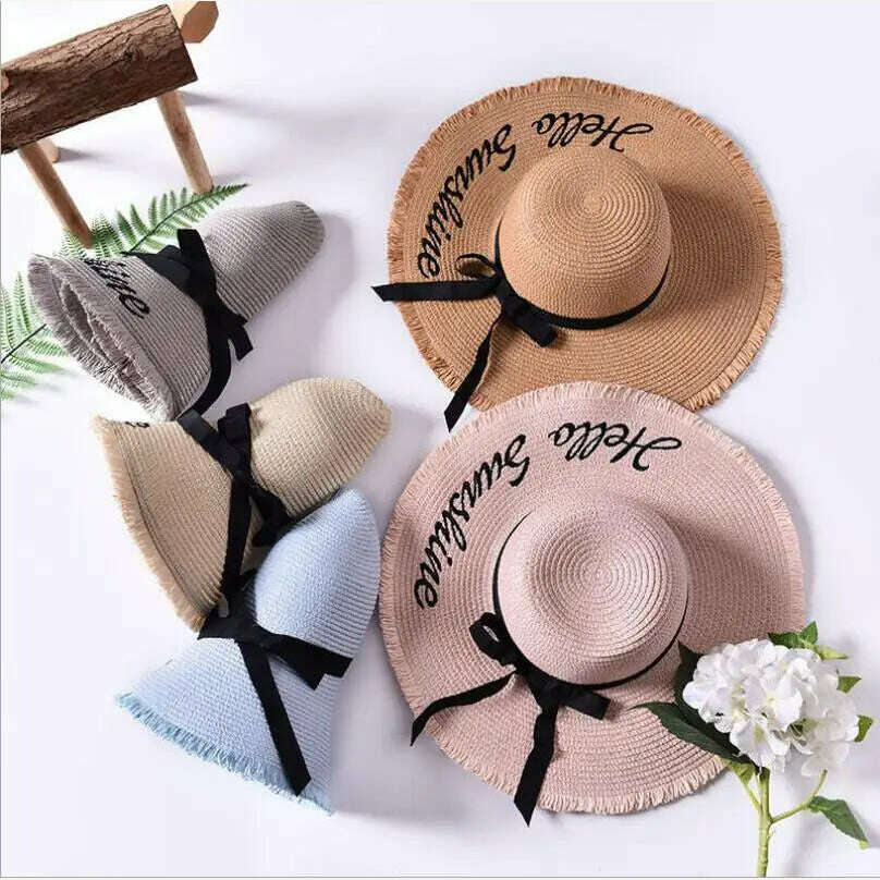 Handmade Weave letter Sun Hats For Women Black Ribbon Lace Up Large Brim Straw Hat Outdoor Beach hat Summer Caps Chapeu Feminino - KIMLUD
