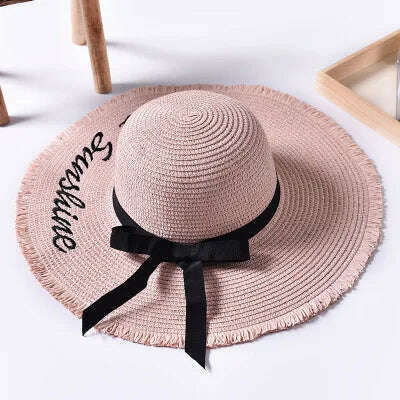Handmade Weave letter Sun Hats For Women Black Ribbon Lace Up Large Brim Straw Hat Outdoor Beach hat Summer Caps Chapeu Feminino - KIMLUD