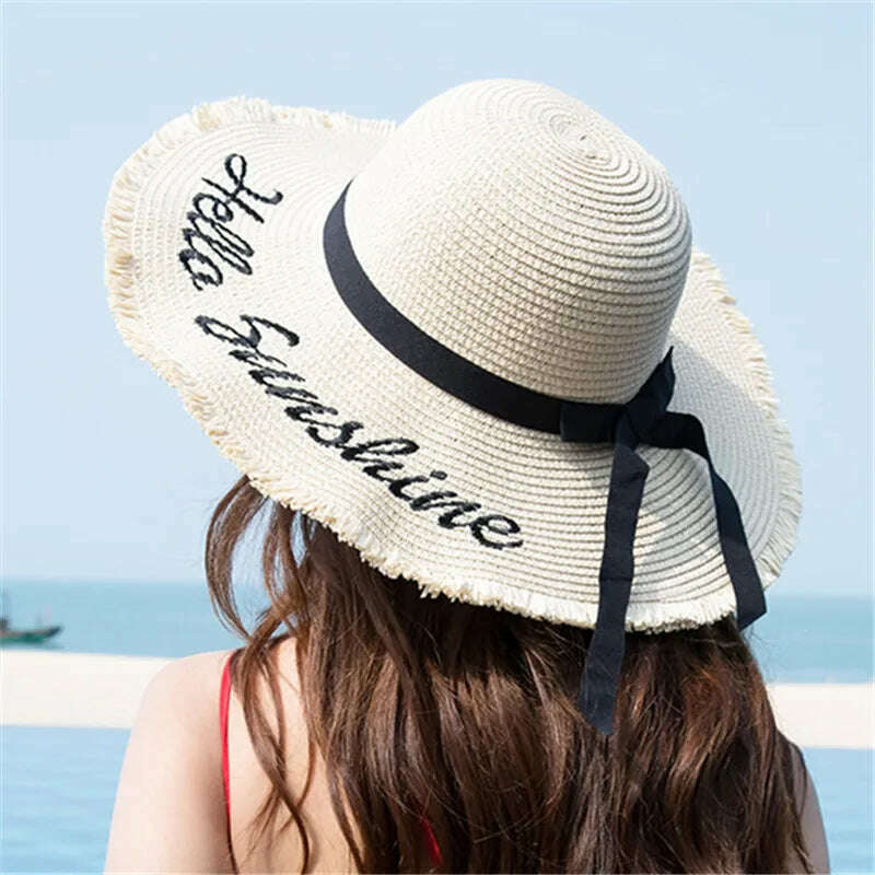 Handmade Weave letter Sun Hats For Women Black Ribbon Lace Up Large Brim Straw Hat Outdoor Beach hat Summer Caps Chapeu Feminino - KIMLUD