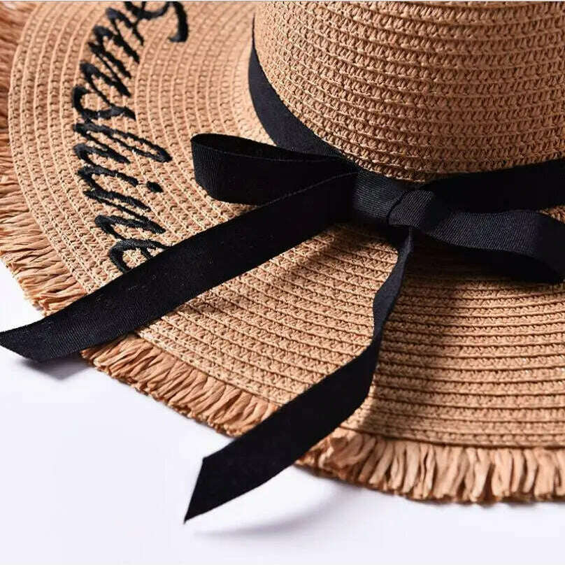 Handmade Weave letter Sun Hats For Women Black Ribbon Lace Up Large Brim Straw Hat Outdoor Beach hat Summer Caps Chapeu Feminino - KIMLUD