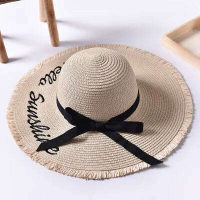 Handmade Weave letter Sun Hats For Women Black Ribbon Lace Up Large Brim Straw Hat Outdoor Beach hat Summer Caps Chapeu Feminino - KIMLUD