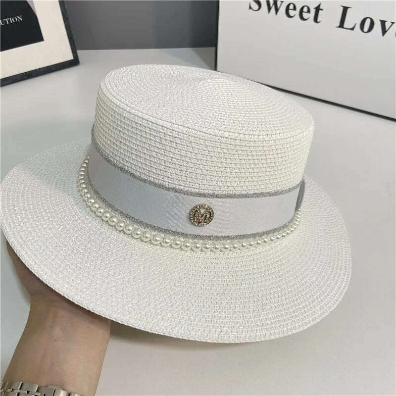 hats for women pearl top hat french summer sun protection wedding wide brim straw hat women floppy beach hat chapeu feminino - KIMLUD