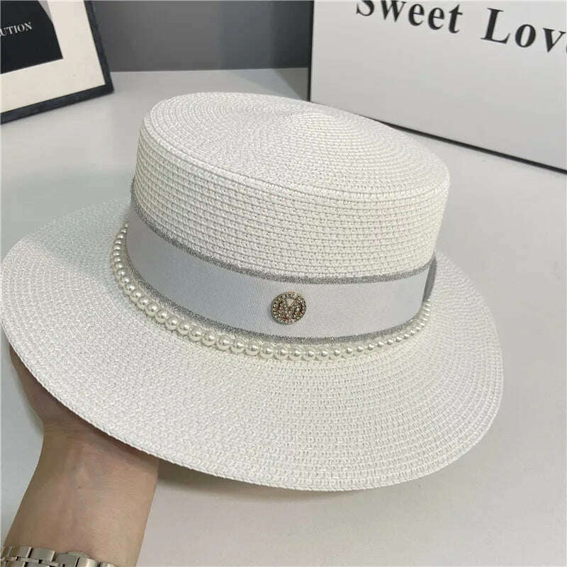 hats for women pearl top hat french summer sun protection wedding wide brim straw hat women floppy beach hat chapeu feminino - KIMLUD