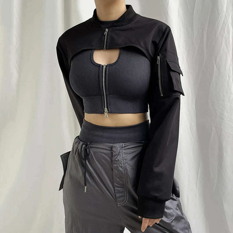 HEYounGIRL Super-short Black Jacket Zipper Long Sleeve Harajuku Cropped Tshirt Gothic Techwear Fashion Korean Tee Punk Street - KIMLUD