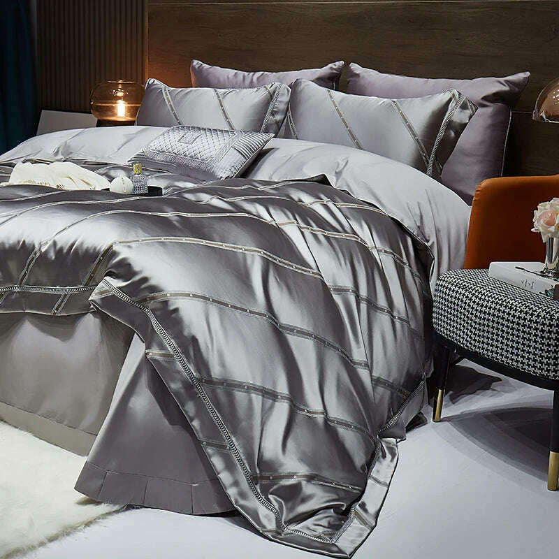 High End Mulberry S i l k Jacquard Bedding Set 4-piece Duvet Cover Set 200*230CM 220*240CM Flat Sheet Bedding - KIMLUD