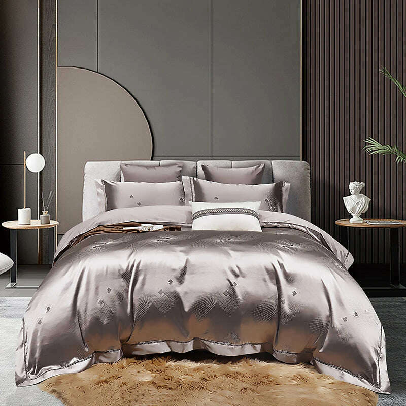 High End Mulberry S i l k Jacquard Bedding Set 4-piece Duvet Cover Set 200*230CM 220*240CM Flat Sheet Bedding - KIMLUD