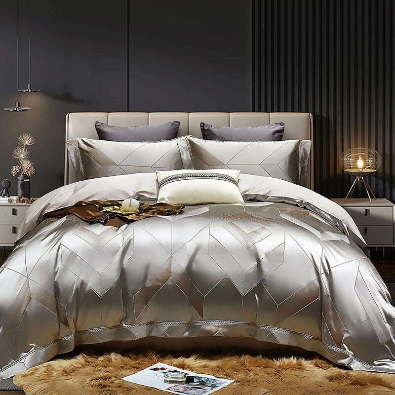 High End Mulberry S i l k Jacquard Bedding Set 4-piece Duvet Cover Set 200*230CM 220*240CM Flat Sheet Bedding - KIMLUD