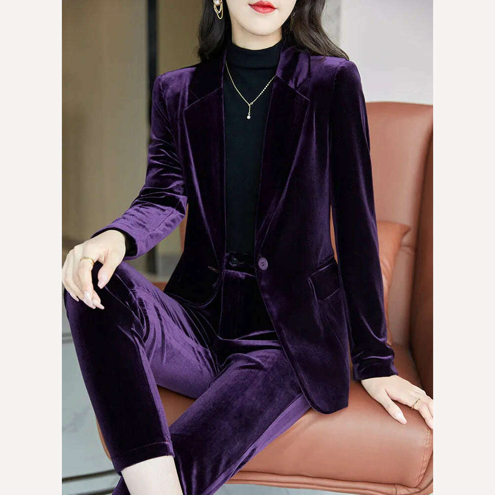 High Quality Fabric Velvet Formal Women Business Suits OL Styles Professional Pantsuits Office Work Wear Autumn Winter Blazers - KIMLUD