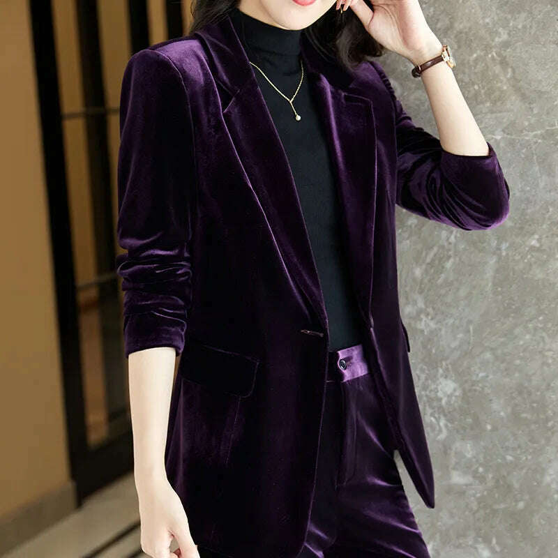 High Quality Fabric Velvet Formal Women Business Suits OL Styles Professional Pantsuits Office Work Wear Autumn Winter Blazers - KIMLUD