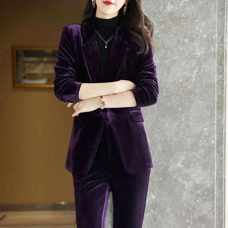 High Quality Fabric Velvet Formal Women Business Suits OL Styles Professional Pantsuits Office Work Wear Autumn Winter Blazers - KIMLUD