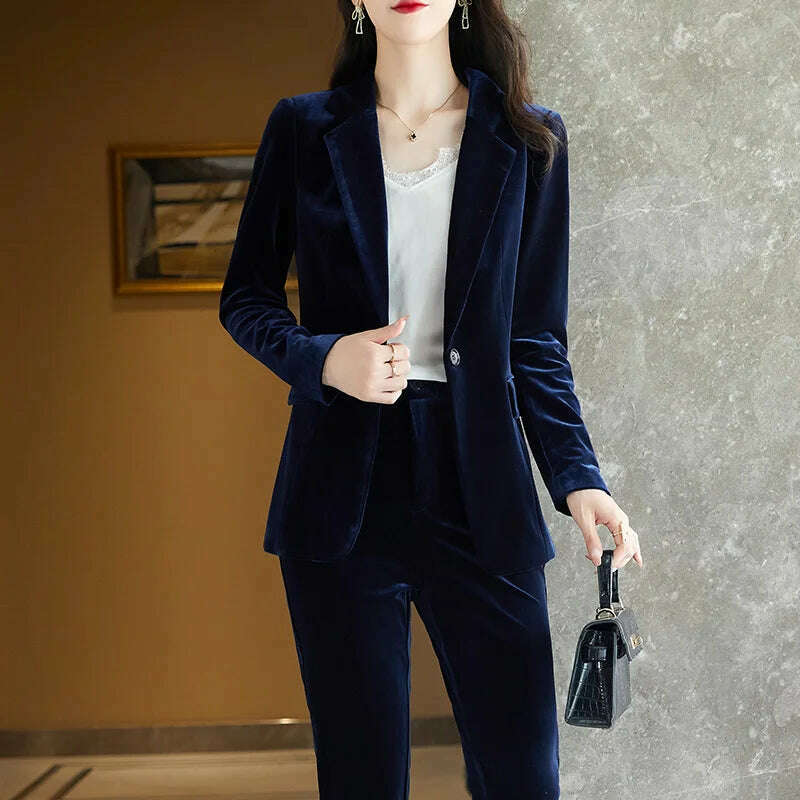 High Quality Fabric Velvet Formal Women Business Suits OL Styles Professional Pantsuits Office Work Wear Autumn Winter Blazers - KIMLUD