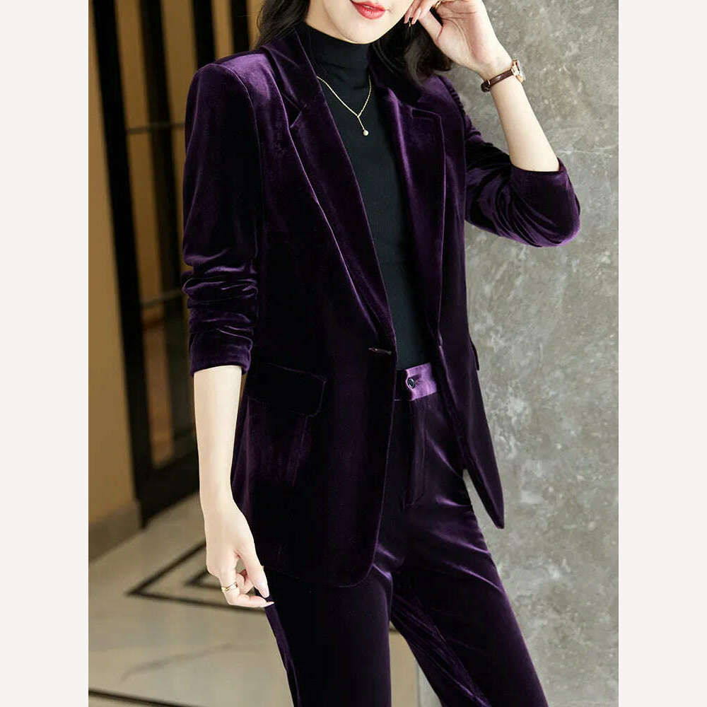 High Quality Fabric Velvet Formal Women Business Suits OL Styles Professional Pantsuits Office Work Wear Autumn Winter Blazers - KIMLUD