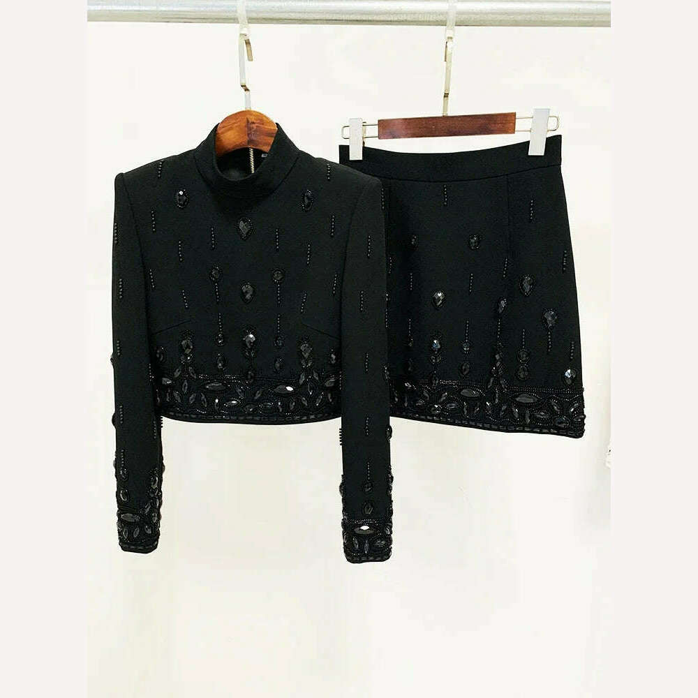 HIGH STREET Newest 2024 S/S Designer Runway Suit Set Women's Stand Collar Zip Back Cropped Tops Mini Skirt Set 2pcs - KIMLUD