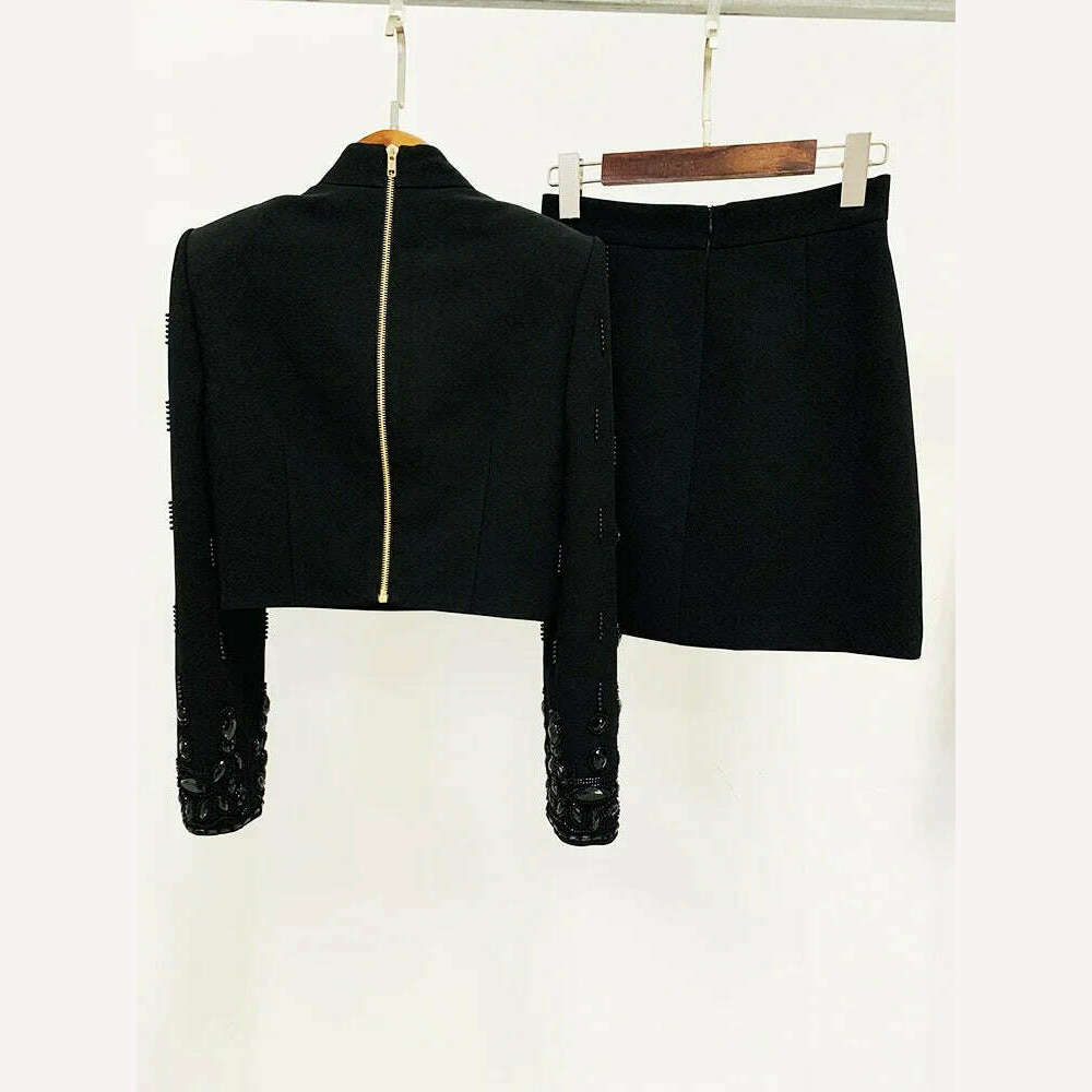 HIGH STREET Newest 2024 S/S Designer Runway Suit Set Women's Stand Collar Zip Back Cropped Tops Mini Skirt Set 2pcs - KIMLUD
