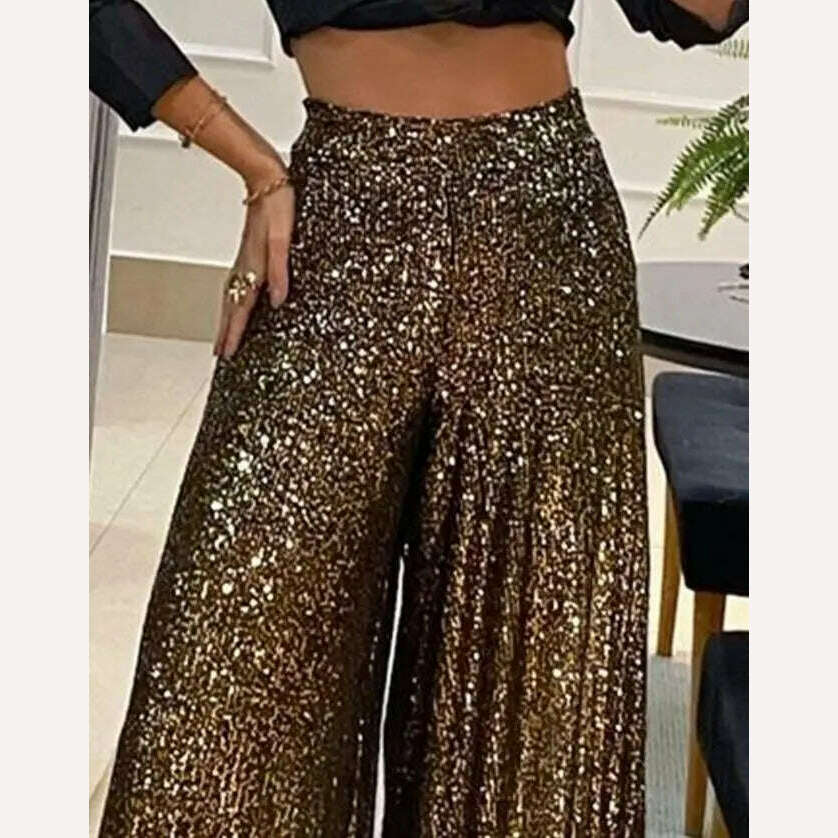 High Waist Sequin Flared Wide leg Pants All-Match new fashion yk2 Women's Clothing - KIMLUD