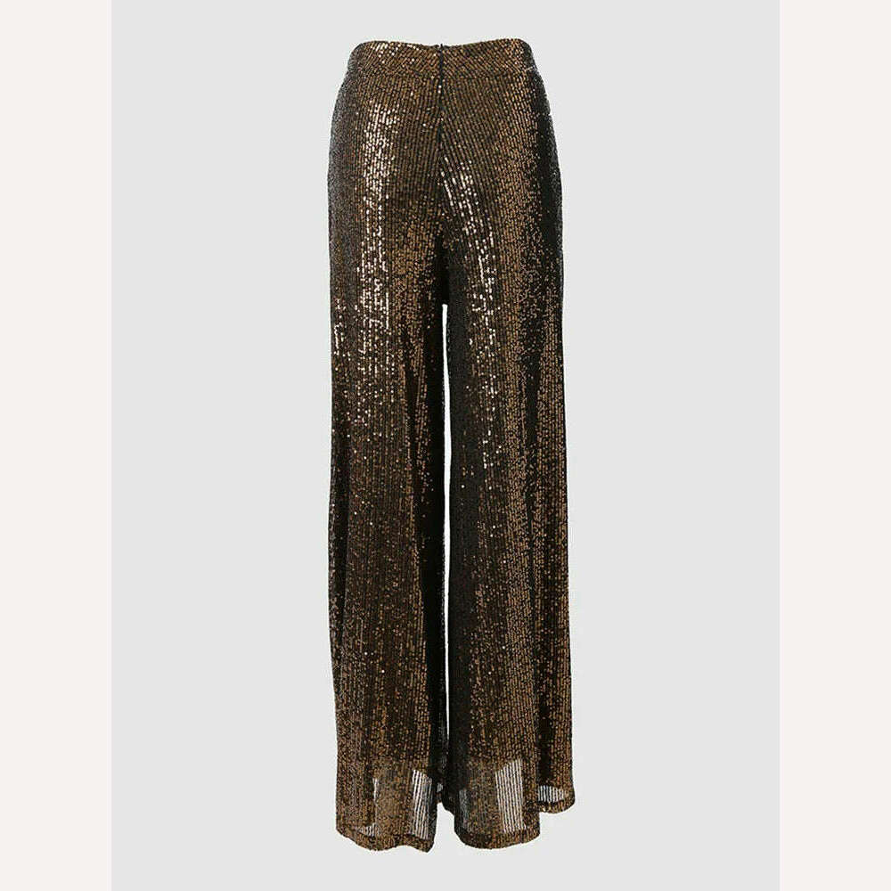 High Waist Sequin Flared Wide leg Pants All-Match new fashion yk2 Women's Clothing - KIMLUD