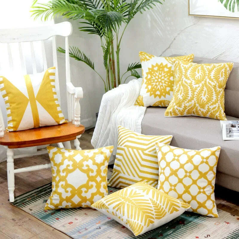Home Decor Embroidered Cushion Cover Yellow Ginger/White Geometric Floral Canvas Cotton Square Embroidery Pillow Cover 45x45cm - KIMLUD