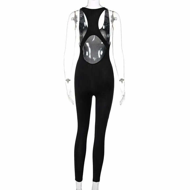 Hugcitar 2023 Sleeveless Hollow Out Solid Bodycon Jumpsuit Summer Women Fashion Streetwear Outfits Romper Sportswear - KIMLUD