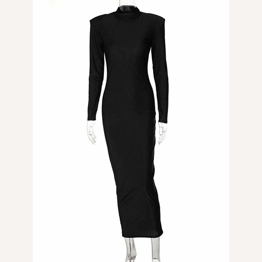 Hugcitar Solid Long Sleeve With Shoulder Pads Turtleneck Maxi Dress 2022 New Year Women Fashion Streetwear Elegant Skinny - KIMLUD