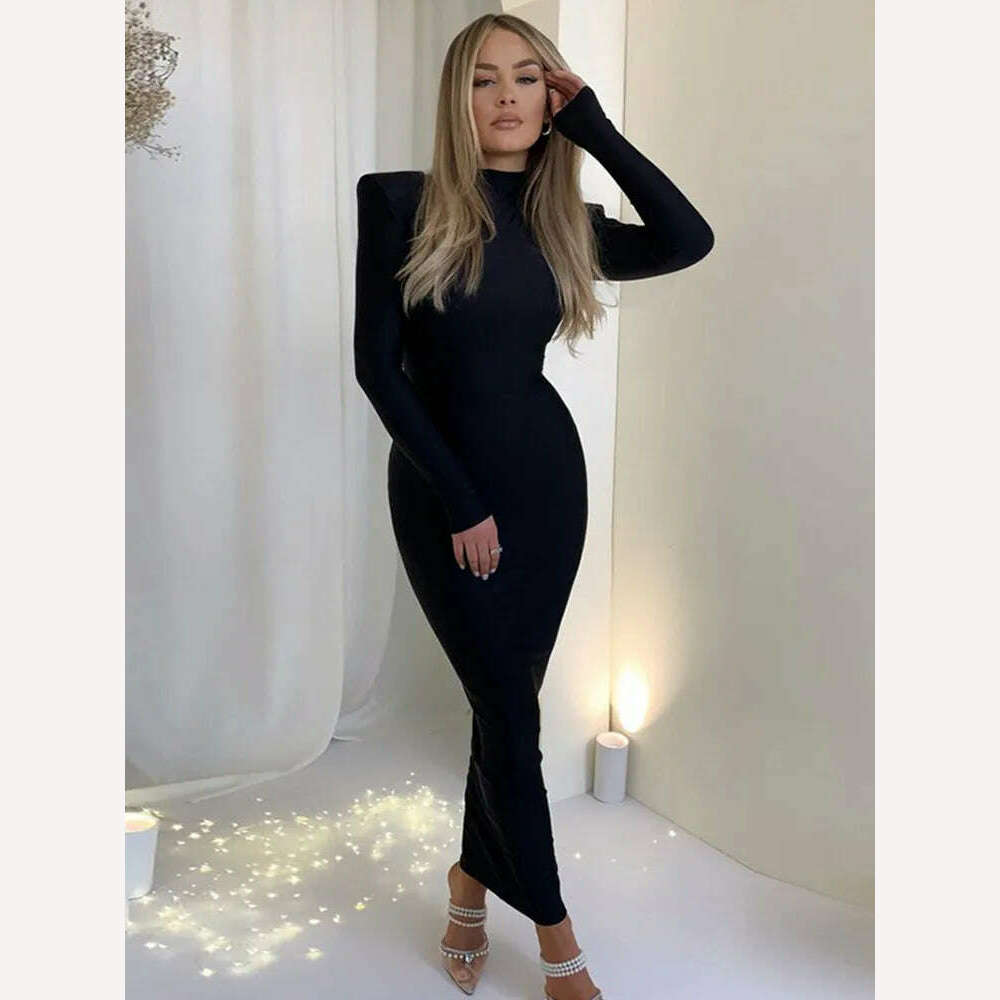 Hugcitar Solid Long Sleeve With Shoulder Pads Turtleneck Maxi Dress 2022 New Year Women Fashion Streetwear Elegant Skinny - KIMLUD