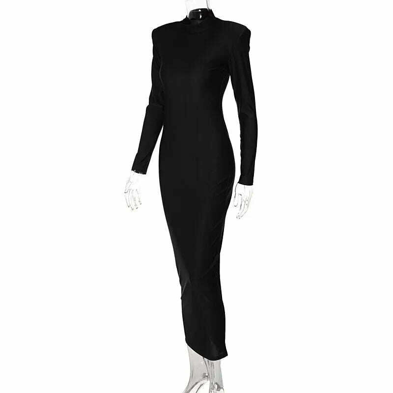 Hugcitar Solid Long Sleeve With Shoulder Pads Turtleneck Maxi Dress 2022 New Year Women Fashion Streetwear Elegant Skinny - KIMLUD
