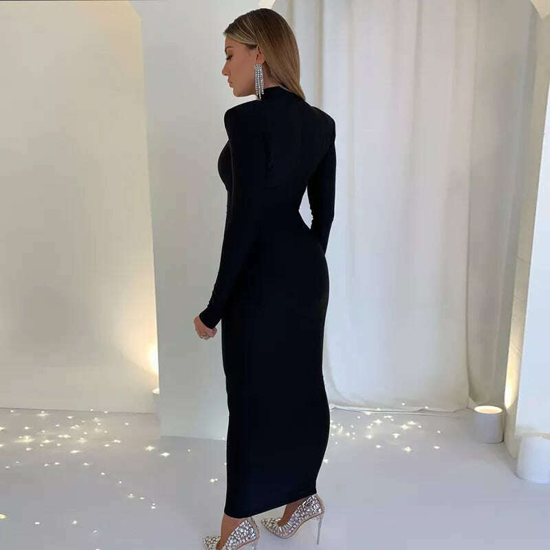 Hugcitar Solid Long Sleeve With Shoulder Pads Turtleneck Maxi Dress 2022 New Year Women Fashion Streetwear Elegant Skinny - KIMLUD