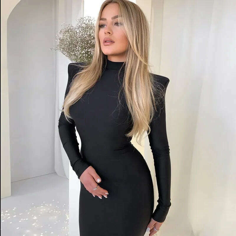 Hugcitar Solid Long Sleeve With Shoulder Pads Turtleneck Maxi Dress 2022 New Year Women Fashion Streetwear Elegant Skinny - KIMLUD