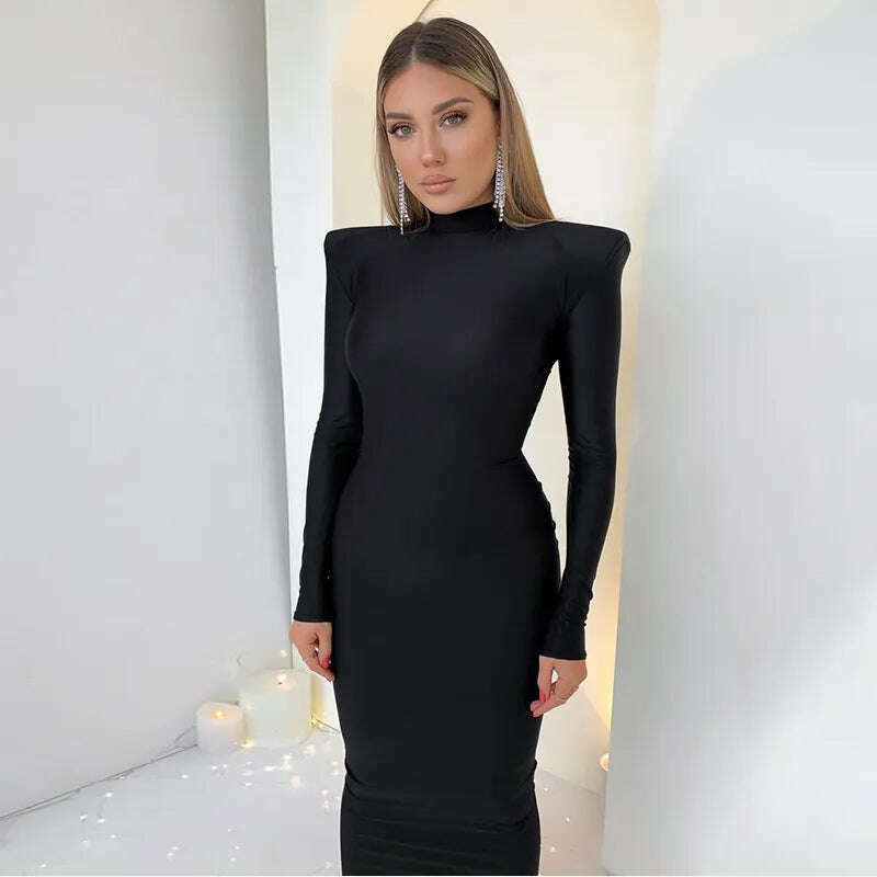 Hugcitar Solid Long Sleeve With Shoulder Pads Turtleneck Maxi Dress 2022 New Year Women Fashion Streetwear Elegant Skinny - KIMLUD