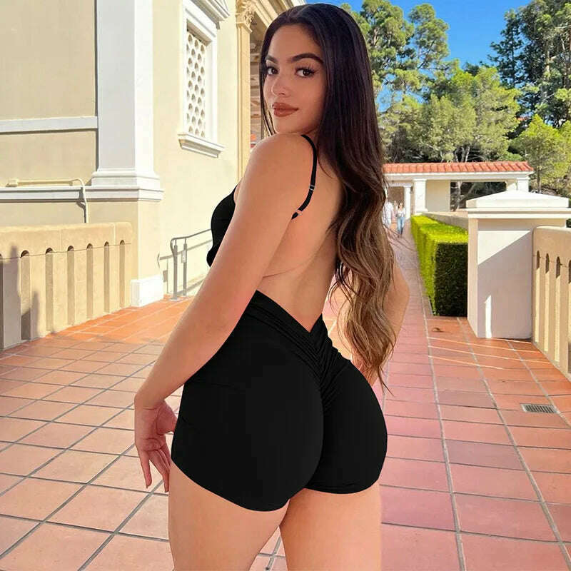 Hugcitar Solid Sleeveless Backless Ruched Sexy Bodycon Skinny Slips One Piece Playsuit Fall Women Vacation Rave Outfits Romper - KIMLUD
